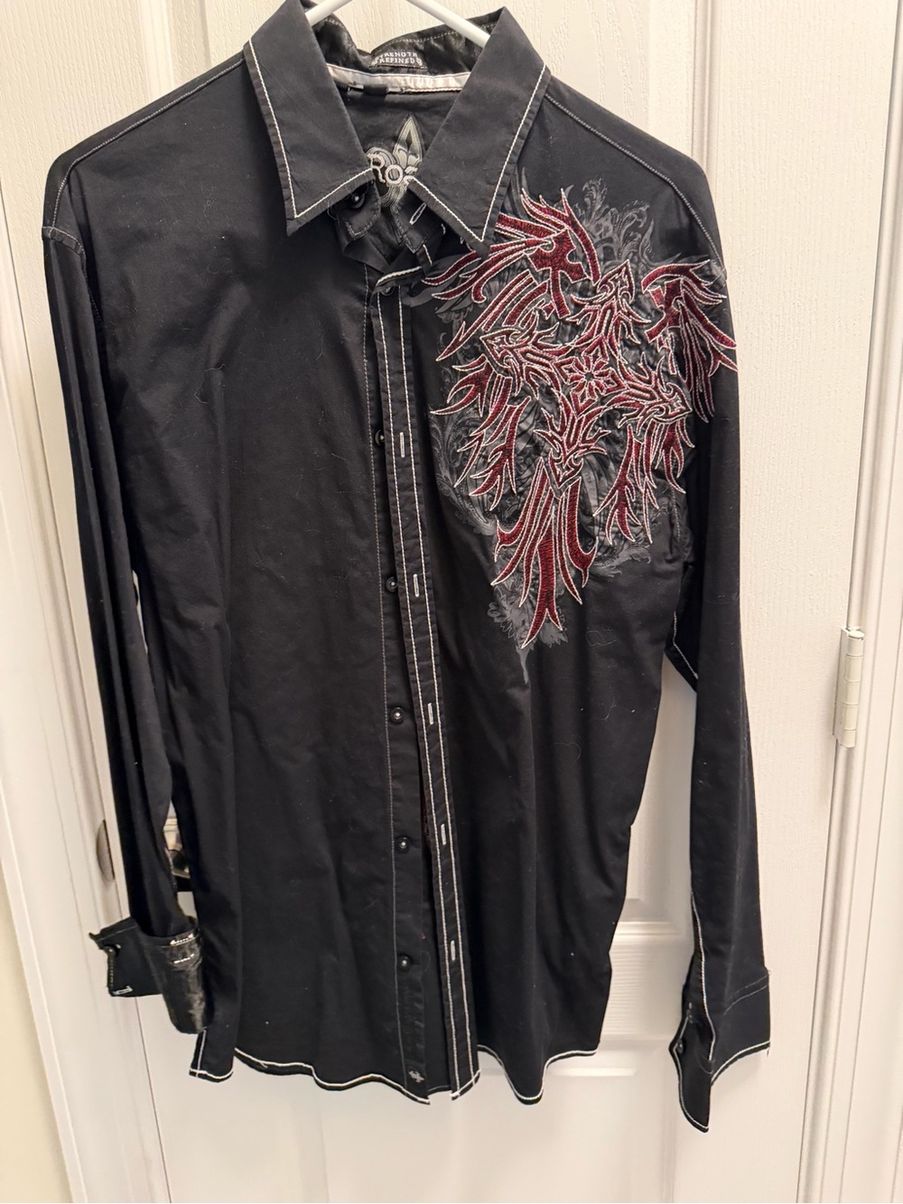 Roar Black Button-Down Shirt with Red Wing Embroidery